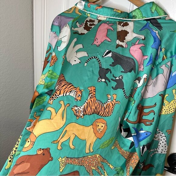 Karen Mabon Turquoise Animal Novelty Print Button Down Pj Top Sz L Boho Indie - Picture 4 of 8